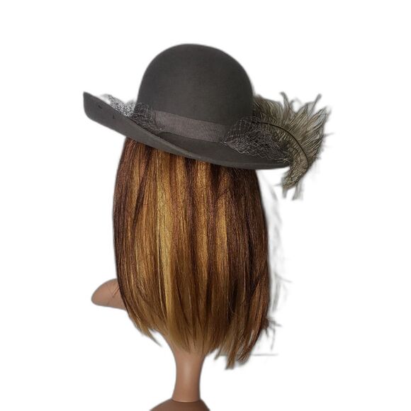 Vintage Michael Howard Hat Felt Wide Brim Feather Veil Womens Gray Wool 80s main image 7